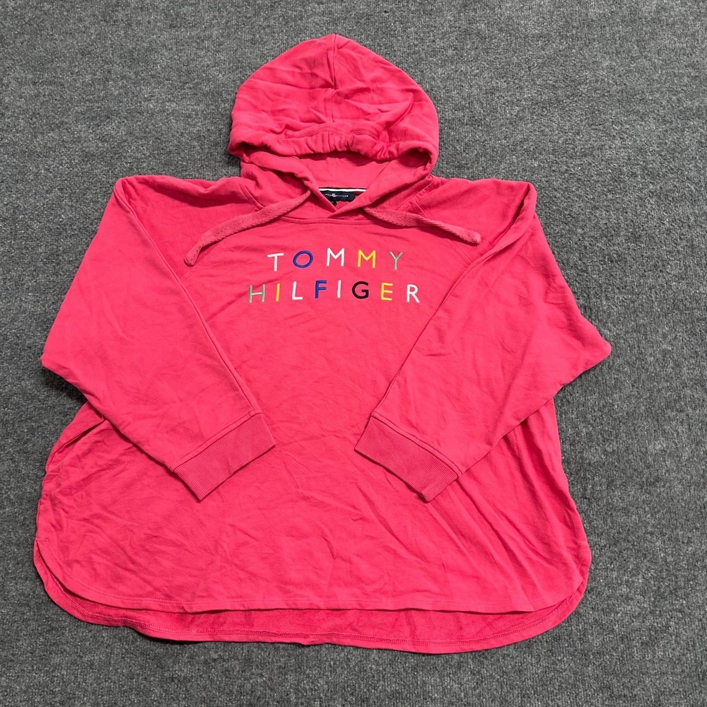 Tommy Hilfiger Hoodie Womens Size 2X Pink Embroidered Logo Relaxed Fit Pullover